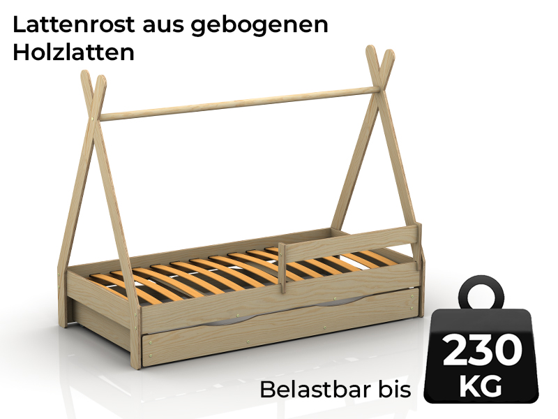 Lattenrost für TIPI-Bett mit Schublade aus gebogenen Holzlatten mit einer maximalen Belastung von 230 kg